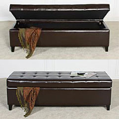 Mission Brown Tufted Bonded Leather Storage Ottoman Bench